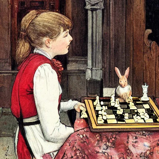 Image similar to a young edwardian woman playing chess against a rabbit inside a church in the style of Carl Larsson