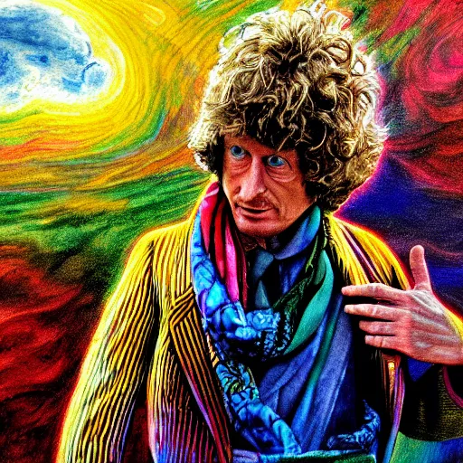 Image similar to tom baker using his scarf to fly, psychedelic, clouds, 4 k, intricate high details, sharp, 1 9 7 7, photo realistic, matt finish, realistic shadows, psychedelic