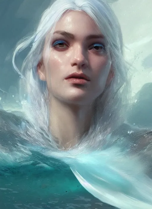 Image similar to a realistic detail portrait of a beautiful female angle has white hair in ocean, magic, dragon, oil painting by Julian calle, wlop, greg rutkowski, Finnian MacManus, Trending on artstation, red and yellow scheme, 8k, Unreal Engine