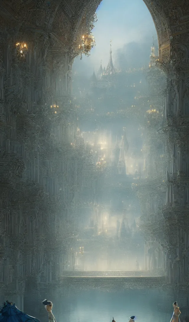 Image similar to vanishing point, palace like the kremlin in distance on a lake is covered with aqua blue roses, viewed from afar, stephen bliss, misty, unreal engine, fantasy art by greg rutkowski, loish, ferdinand knab, and lois van rossdraws,, global illumination, radiant light, minimalist, detailed and intricate environment