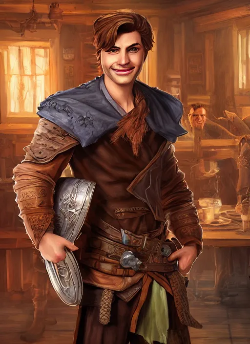 Prompt: An epic fantasy comic book style portrait painting of a handsome young man with brown wavey hair, wearing thief clothing in a tavern and smiling with a wooden tankard in hand, unreal 5, DAZ, hyperrealistic, octane render, cosplay, RPG portrait, dynamic lighting