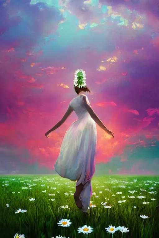 Image similar to floating white daisy flower as head, girl dancing in a flower field, surreal photography, sunrise, dramatic light, impressionist painting, colorful clouds, digital painting, artstation, simon stalenhag