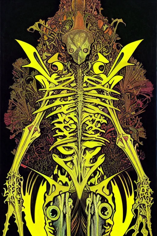 Prompt: black and yellow technicolor color risoprint, alphonse mucha, richard corben, wayne barlowe, moebius, heavy metal comic cover art, psychedelic triangular skeletal calcification fungus lich in darkiron spike armor, full body, hollow eyes, symmetrical face, long black crown, in a dungeon background, moody dark colors