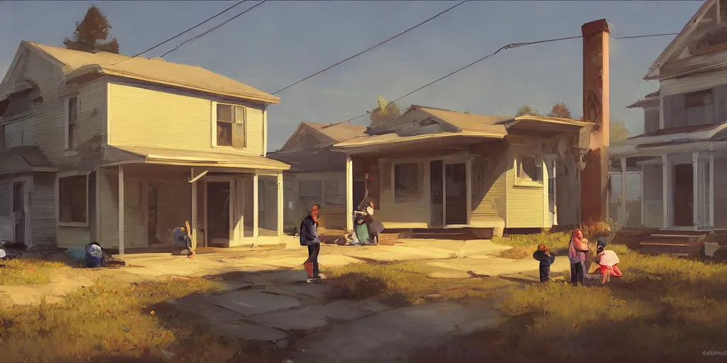 Prompt: empty house with owned by bank sign and homeless family sqatting outside in a tent on curb in a city by Craig Mullins, ilya kuvshinov, krenz cushart, artgerm trending on artstation by Edward Hopper and Dan Mumford and WLOP and Rutkovsky, Unreal Engine 5, Lumen, Nanite