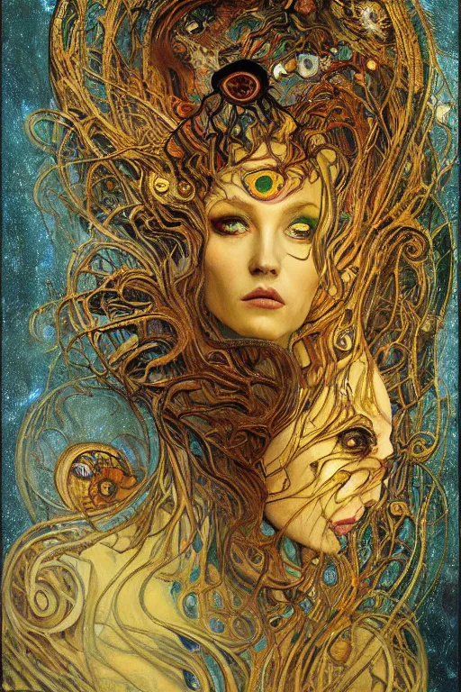 Image similar to Metamorphosis by Karol Bak, Jean Deville, Gustav Klimt, and Vincent Van Gogh, transformation portrait, chimera, visionary, cicada wings, otherworldly, fractal structures, ornate gilded medieval icon, third eye, dynamic, hybrid, fusion, change, spirals