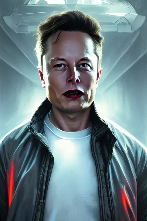 Image similar to elon musk as marty mcfly near delorean, realistic portrait, symmetrical, highly detailed, digital painting, artstation, concept art, smooth, sharp focus, illustration, cinematic lighting, art by artgerm and greg rutkowski and alphonse mucha