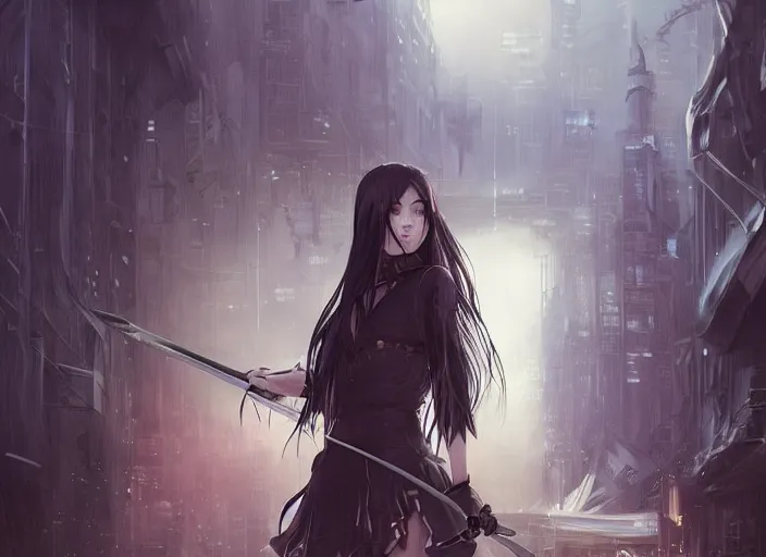 Image similar to girl with long black hair and a long black sword in front of a sci fi cityscape, ryohei fuke, makoto shinkai, detailed, cinematic, ultra - wide angle, dark sepia toned shading, luminescent eyes, detailed face, blue fire, trending on artstation, artgerm, wlop.