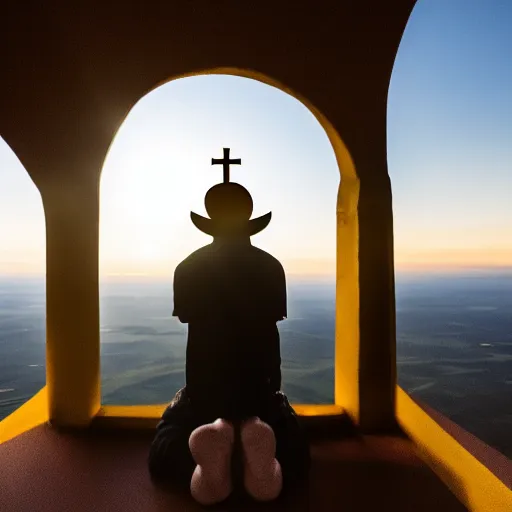 Image similar to An old and friendly looking catholic priest kneeled in prayer at the summit of a tall tower. The night sky is filled with a yellow shadow. 4K photograph, dramatic lighting