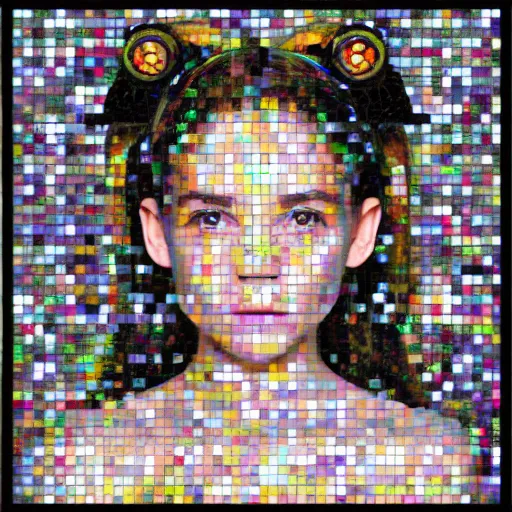 Image similar to portrait mosaic of a beautiful cute girl with robot ears and eyes, 4k, intricate details, digital, Emma Biggs