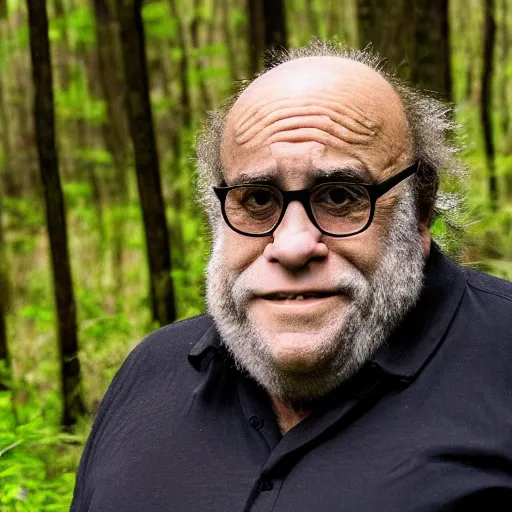 Image similar to photo of feral bigfoot cryptid danny devito in the woods