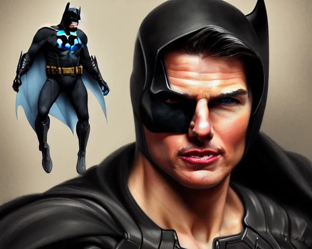 Prompt: photography of tom cruise as batman, deep focus, d & d, fantasy, intricate, elegant, highly detailed, digital painting, artstation, concept art, matte, sharp focus, illustration, hearthstone, art by artgerm and greg rutkowski and alphonse mucha