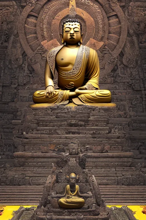 Image similar to a epic boss maitreya buddha 弥 勒 佛 sitting on a lotus platform 莲 花 台, in the center of buddha temples, zbrush, unreal engine, rendering by octane, epic stunning atmosphere, cyberpunk hi - tech, inspired by sekiro, by zhelong xu, michael whelan, jean leon gerome