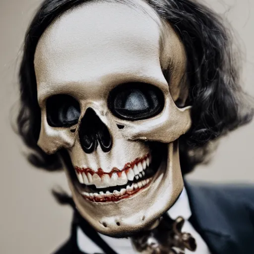 Prompt: a detailed professional portrait of a fancy skeleton with expressive features and metallic teeth, metal teeth, professional photography, longshot, full portrait, skeleton in a suit