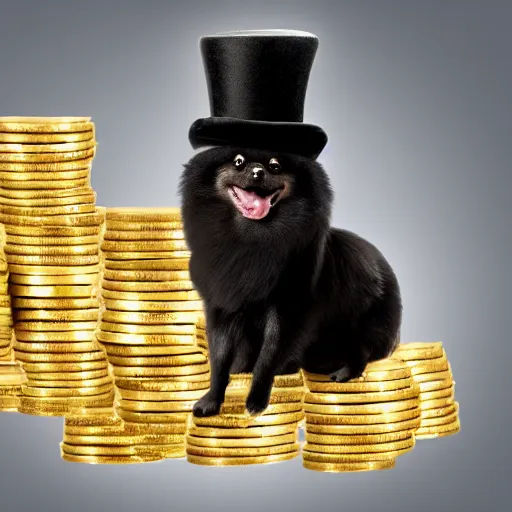 Image similar to A pomeranian wearing a top-hat, sitting on top of a large pile of gold coins