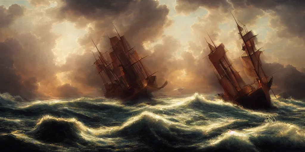 Prompt: a wooden ship on tumultuous waters, high quality oil painting, volumetric lighting