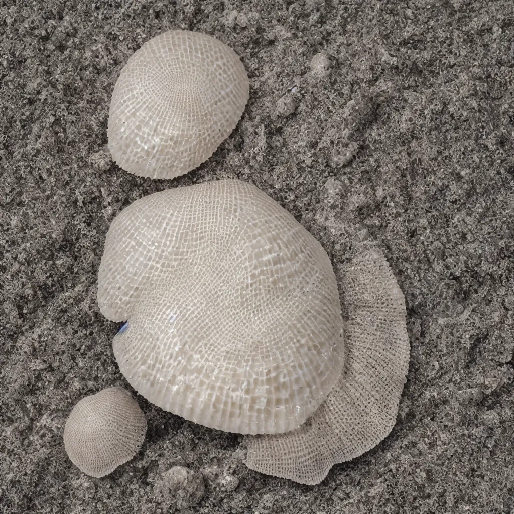 Image similar to geometric single sea shell by ernst haeckel, modeled in 3 d, closeup, cinema 4 d render, beach sad background, clear focus, very coherent, very detailed