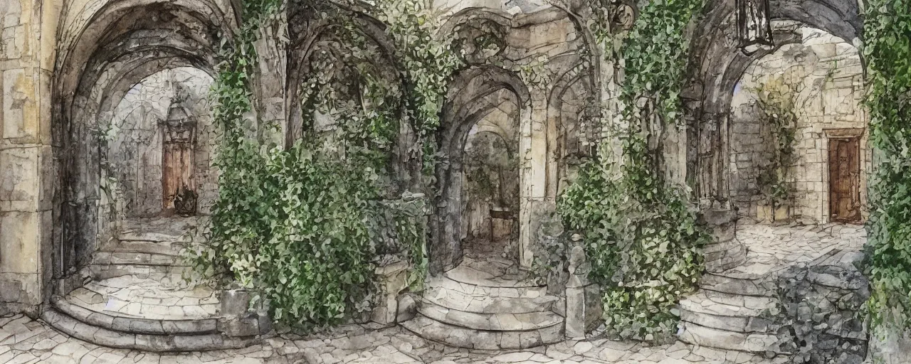 Image similar to courtyard walkway, fountain, castle, stairway, chairs, wrought iron, gate, botanic garden, botanical herbarium paper, watercolor colored painting, iridescent colors, realistic shaded, fine, artstation, italian style, colonnade ornate headdress, craving, carved, insanely detailed