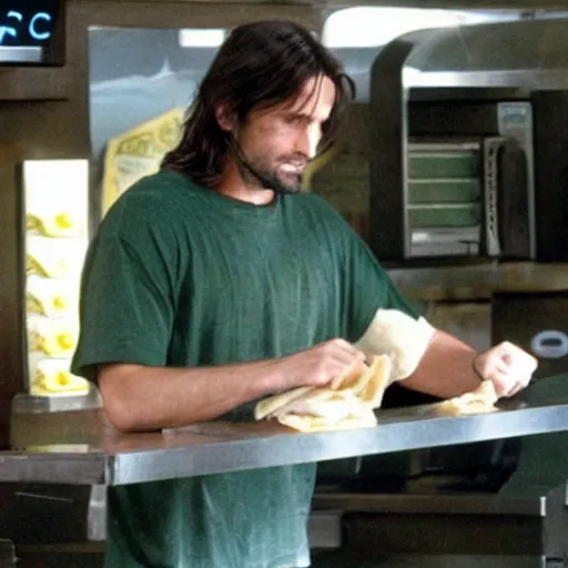 Prompt: aragorn working at subway making sandwiches