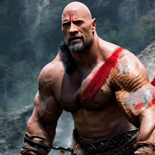 Image similar to dwayne johnson as kratos 4 k detailed