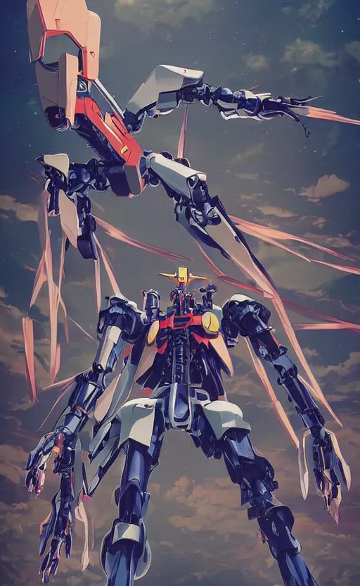 Image similar to < huge mecha > in the style of < neon genesis evangelion > holding a < mechanical yueqin > in arms, movie poster, < full body robot >, 3 d anime, arcane style, retropunk, steampunk, high resolution, 4 k, retrofuturism, studio ghibli, simon stalenhag