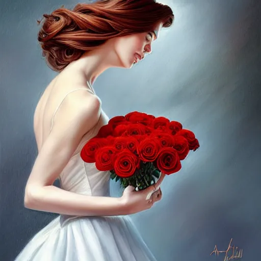 Image similar to portrait of a gorgeous woman holding a bouquet of roses in the style of stefan kostic, auburn hair, intricate, white dress, elegant, highly detailed, 8 k, art by artgerm, mark hill