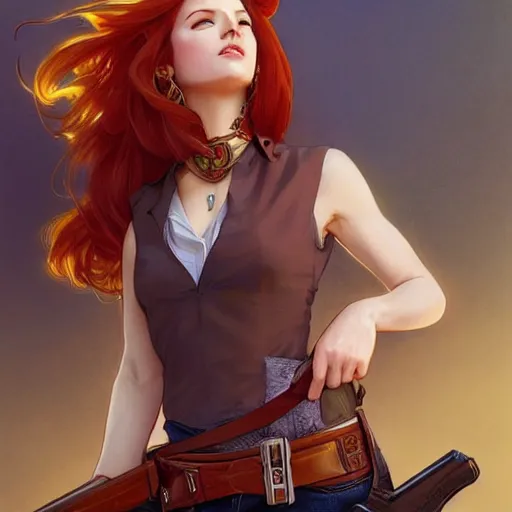 Prompt: a redhead cowgirl holding a revolver, full-body shot, digital painting, smooth, elegant, hd, art by WLOP and Artgerm and Greg Rutkowski and Alphonse Mucha