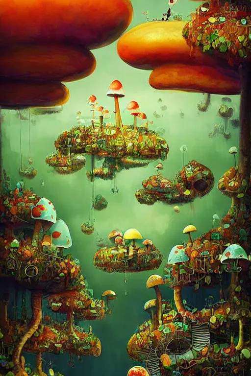 Image similar to surreal mushroom kingdom, floating island in the sky, water pipes in the ground, summer morning, very coherent and colorful high contrast, art by!!!! gediminas pranckevicius!!!!, geof darrow, dark shadows, hard lighting