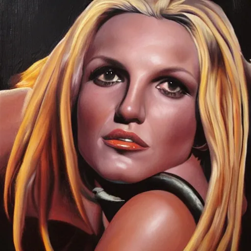 Image similar to detailed portrait of britney spears intricate, hyper detailed, realistic, oil painting, by julie bell, frank frazetta, cinematic lighting