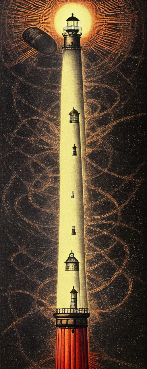 Image similar to an epic lighthouse radiates a unique canto'as above so below'while being ignited by the spirit of haeckel and robert fludd, breakthrough is iminent, glory be to the magic within, in honor of saturn, painted by ronny khalil