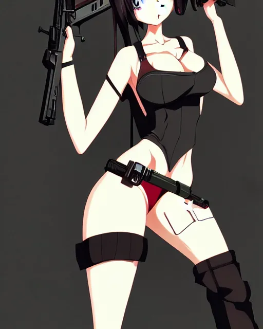 Image similar to female action anime girl, black dress, gun, symmetrical faces and eyes symmetrical body, middle shot waist up, airplane hanger background, Madhouse anime studios, Black Lagoon, Wit studio anime, 2D animation