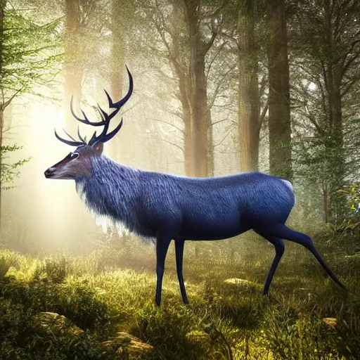 Image similar to beautiful hyper realistic stag. elven woods, celestial highly detailed magic athmospher. beautiful highly detailed forest background. blue light. sunlight rays throught the trees. intricate, elegant, long shot 8 k rendering.