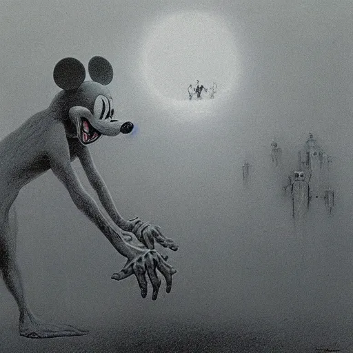 Image similar to Mickey mouse as monster by zdzisław beksiński