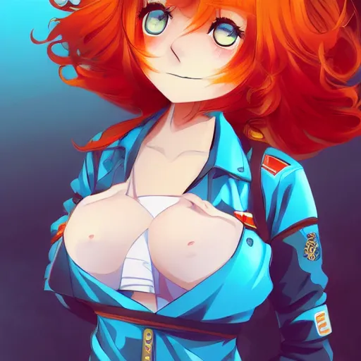 Image similar to very beautiful young anime girl with orange hair, dressed in soviet pioneer uniform, full body, long wavy blonde hair, sky blue eyes, full round face, bikini, miniskirt, front view, middle, highly detailed, colored manga drawing by wlop popular on artstation