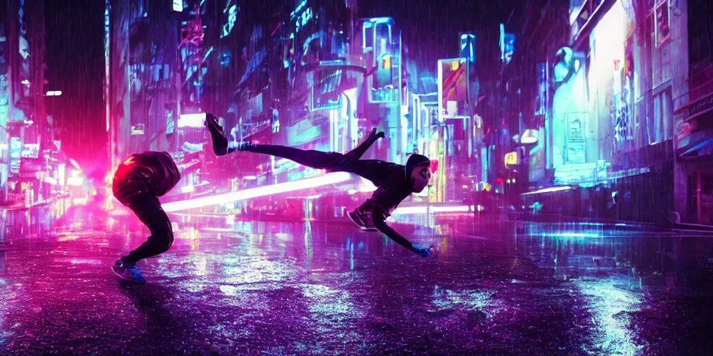 Prompt: slow motion film still of futuristic break dancer wearing dark suit with neon lights, long exposure shot , at night in the middle of a rainy street, paddle of water, water splashes, rim lights, glossy reflections, octane render, detailed and soft, by laurie greasley