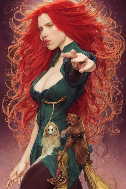 Prompt: celestial scarlett johansson as anthropomorphic irish setter, by artgerm and yoshitaka amano and moebius and alphonse mucha, hyperdetailed, dc comics, ornate, nebula, explosions in the sky, trending on artstation