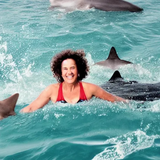 Image similar to an athletic woman in her fifties with curly brown hair, swimming smiling in the middle of a rough sea surrounded by sharks. above her, in the sky, a star.