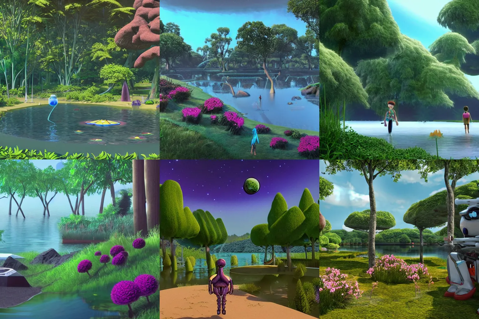 Prompt: in a park and next to a lake, in a small town on an alien planet, with strange alien plants and flowers, from a space themed Serria point and click 2D graphic adventure game, made in 1999, octane render, pixar style