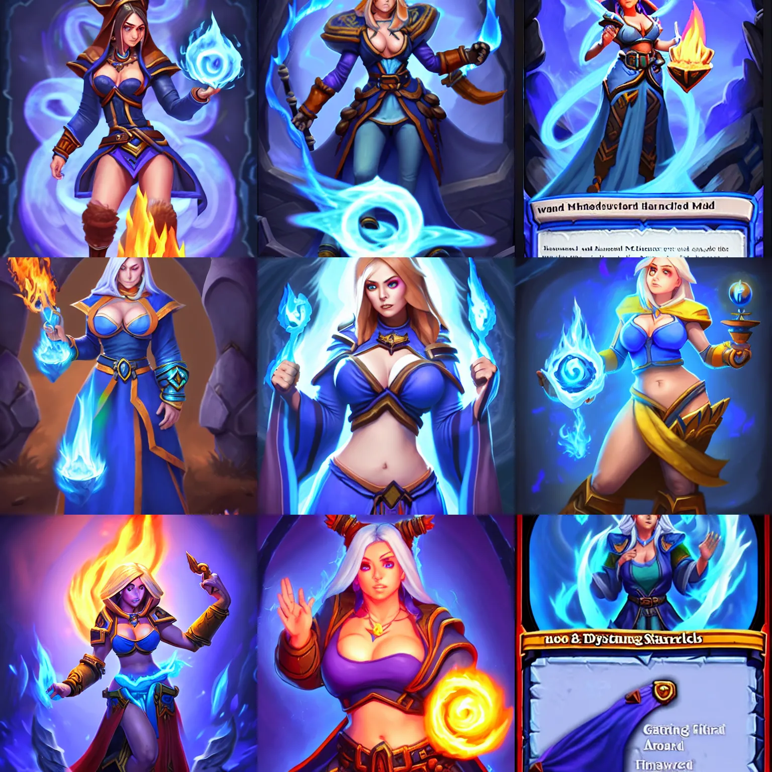 Prompt: Physical : tinyest midriff ever, largest haunches ever, fullest body, small head, SFW huge breasts; Who : a female mage with a blue robe casting a fire spell; ATTENTION : Hearthstone official splash art, SFW, perfect master piece, award winning