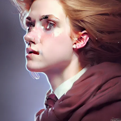 Prompt: portrait of a scottish teenage girl with dark blonde hair, glowing skin, delicate features, nerdy, fantasy, intricate, elegant, dress shirt, highly detailed, digital painting, artstation, concept art, smooth, sharp focus, illustration, art by Krenz Cushart and Artem Demura and alphonse mucha