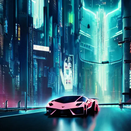 Prompt: an establishing long shot of a futuristic flying lamborghini in a cyberpunk city at night, hologram ads and neon signs on building rooftops, rainy environment, 8 k, hyper detailed, ultra realistic, sharp focus, in the style of blade runner