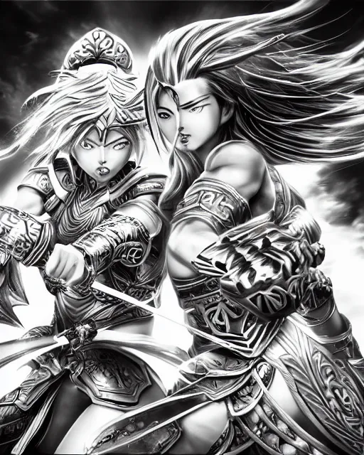 Prompt: Two female warriors fighting, black and white, highly detailed face, close-up, fantasy art, fighting art, in the style of masami kurumada, illustration, epic, fantasy, intricate, hyper detailed, artstation, concept art, smooth, sharp focus, ray tracing