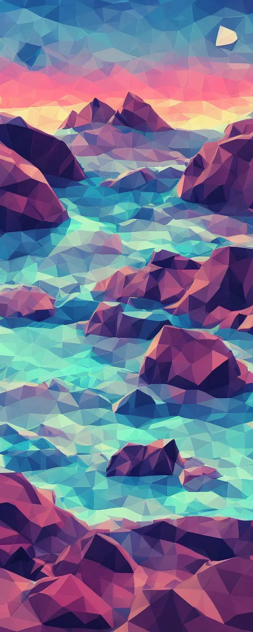 Image similar to super detailed color lowpoly art, northern sunset with rocks on front, monochrome photorealistic bay in the middle of perspective and mountains at background, graphic vessels in random points ow bay, unreal engine, retrowave color palette, 3 d render, lowpoly, colorful, digital art, perspective