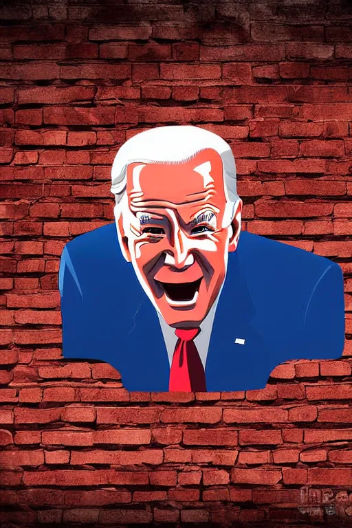 Image similar to biden with glowing red eyes breaking through a brick wall digital art illustration detailed