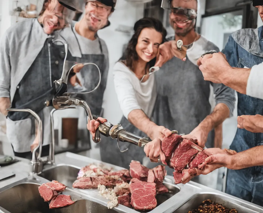 Image similar to first person point of view of a couple holding a meat grinder in front of kitchen sink, 8k