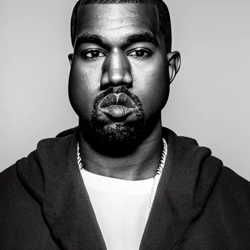 Image similar to the face of young kanye west wearing yeezy clothing at 3 2 years old, black and white portrait by julia cameron, chiaroscuro lighting, shallow depth of field, 8 0 mm, f 1. 8