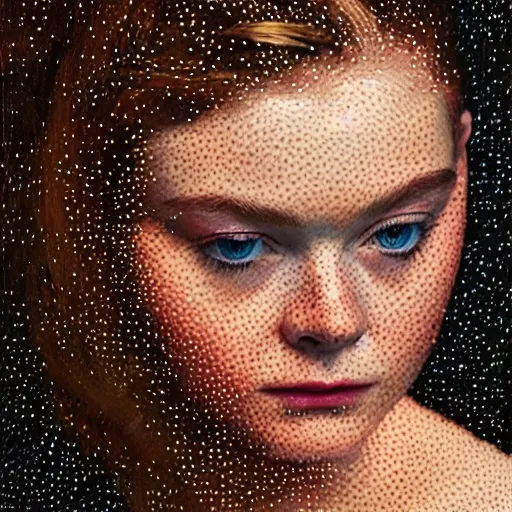 Image similar to Elle Fanning in the style of Paola Vetri, head and shoulders pointillism portrait, stormy weather, extremely detailed masterpiece, oil on canvas, low-key neon lighting, artstation, Blade Runner 2049, Roger Deakin’s cinematography, by J. C. Leyendecker and Peter Paul Rubens and Edward Hopper and Michael Sowa,