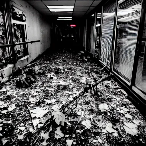 Image similar to a ransacked grocery store, broken signs, filthy flooring. Vines growing. Dystopian. Grainy. Award-winning photo. Sigma 40mm f/1.4 DG HSM