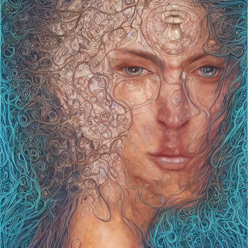 Image similar to perfectly centered portrait front view of a beautiful mushroom goddess, flowing hair, intense stare, sweet smile, symmetrical, concept art, intricate detail, volumetric shadows and lighting, realistic oil painting by alex grey,