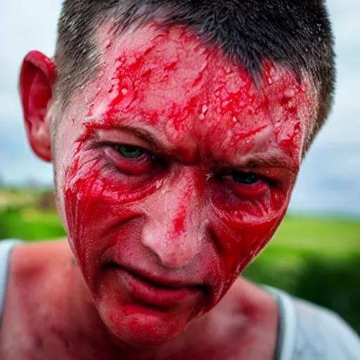 Image similar to extreme closeup of sweaty red person, wideangle