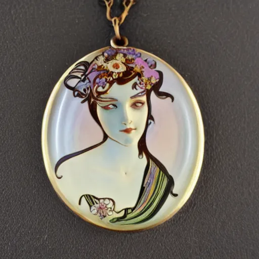 Prompt: an artnouveau goddess face by alfons mucha as an artnouveau style necklace by rene lalique